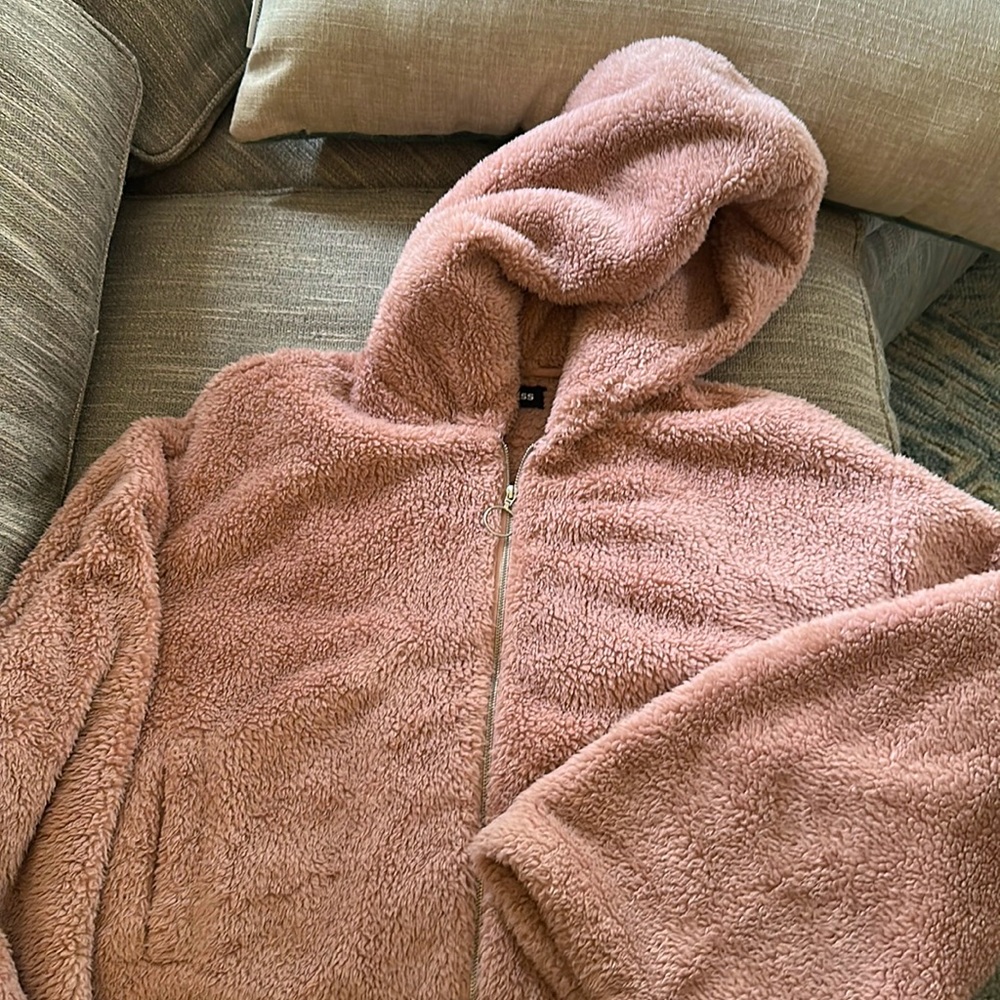 Express teddy bear Cropped hooded jacket. Pink.